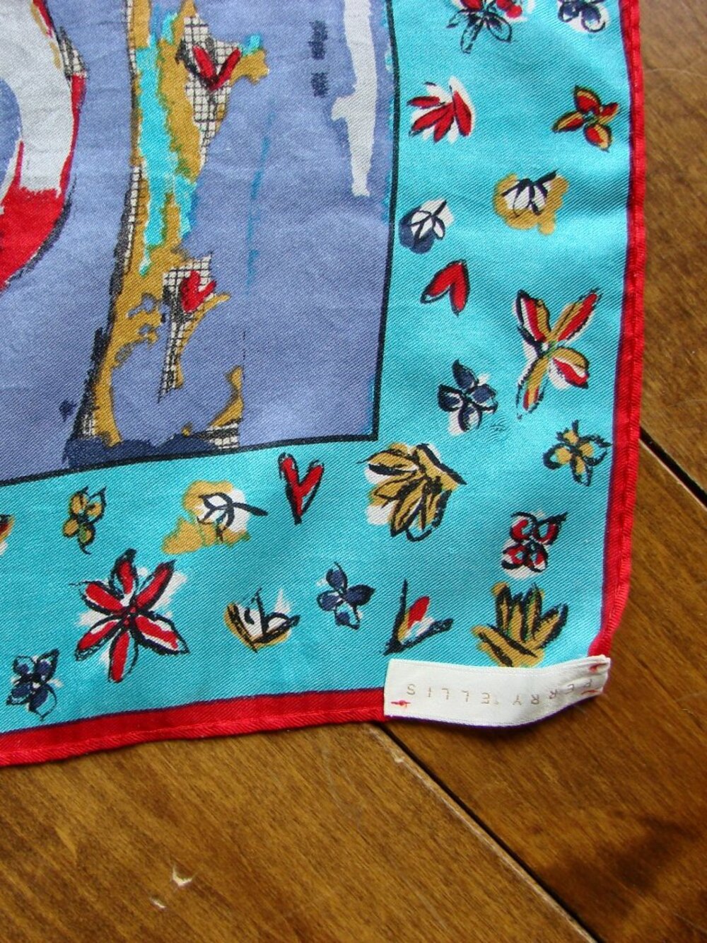 Vintage Perry Ellis 100% Silk Scarf Hand Rolled Japan Teapots Teacups Floral - Picture 10 of 15